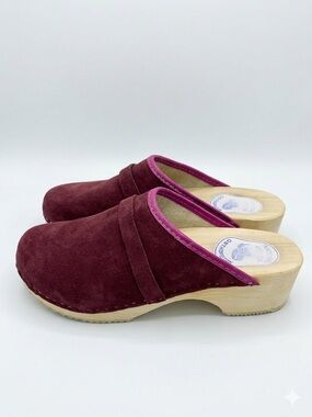 Women’s Burgundy Suede Clog Mules with Pink Trim